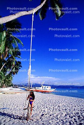 sky, beach, sand, swing, palm tree, bikini lady, Baracay, Philippines