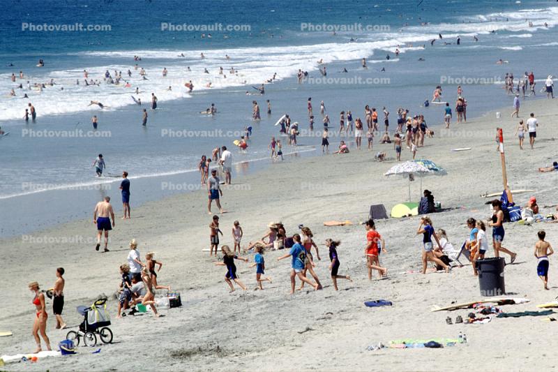 Crowded Beach, Umbrellas, Parasol, Sand, Shoreline, Waves, Pacific Ocean, Del Mar