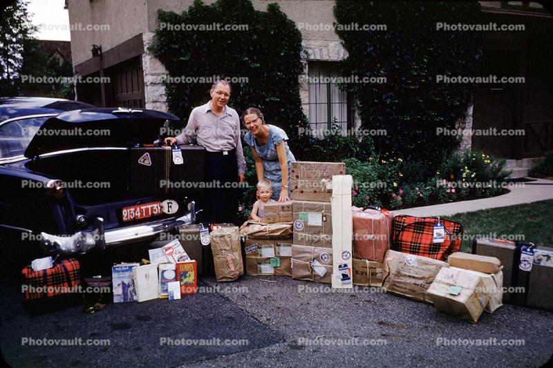 Car, Automobile, Vehicle, Ford Car, luggage, bags, packages, 1950s
