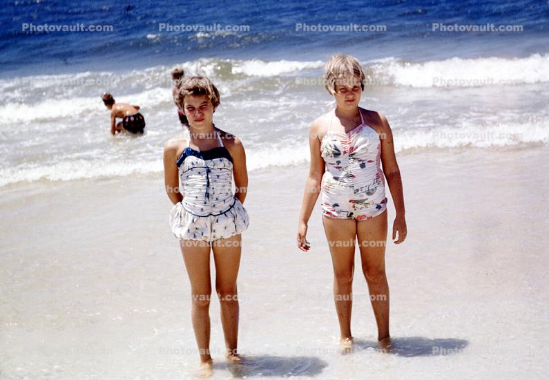 Girls, Beach, Waves, Barefoot, Swimsuit, Sand, daytime, daylight, 1960s