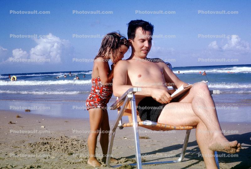 Father, Daughter, Beach, chair, Ocean, summer, 1950s