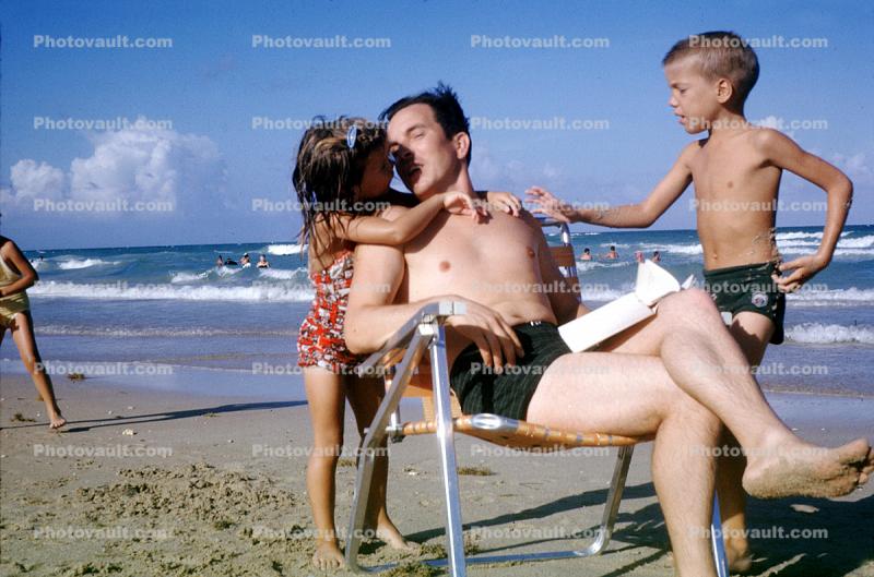 Father, Daughter, Son, Beach, chair, Ocean, summer, 1950s