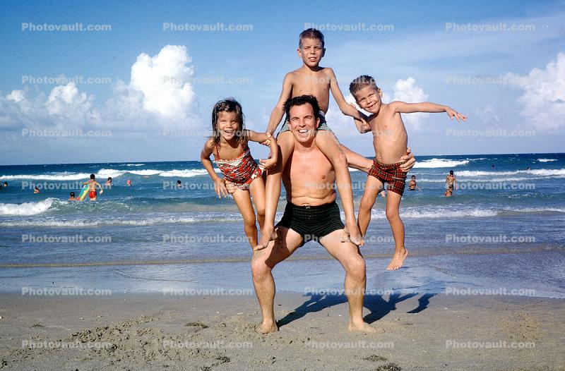 Father, Daughter, Sons, Family, Beach, summer, 1950s