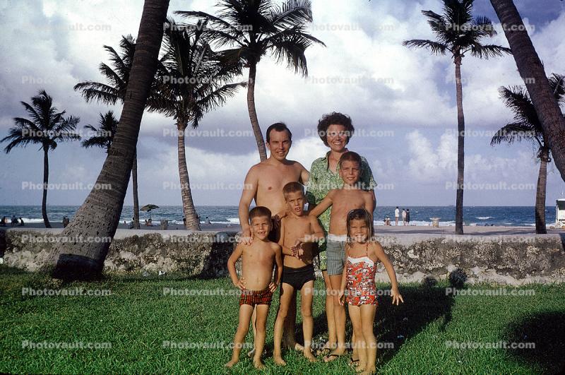 Father, Daughter, Son, Mother, Palm Trees, Beach, summer, 1950s