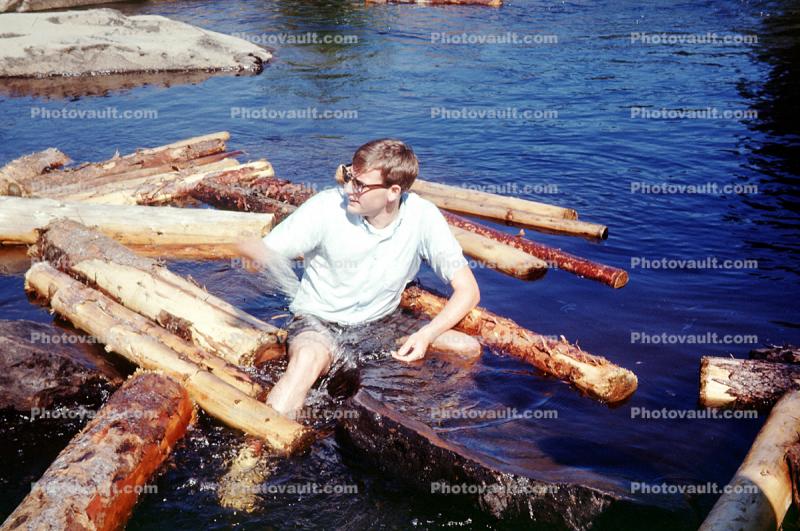 male, man, logs, floating, glasses