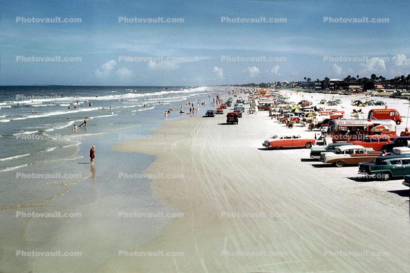 beach, sand, cars, water, Atlantic Ocean, 1950s