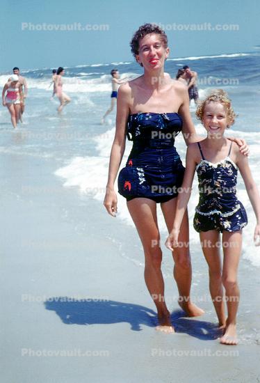 Mother, Daughter, Beach, Ocean, Long Island, 1940s