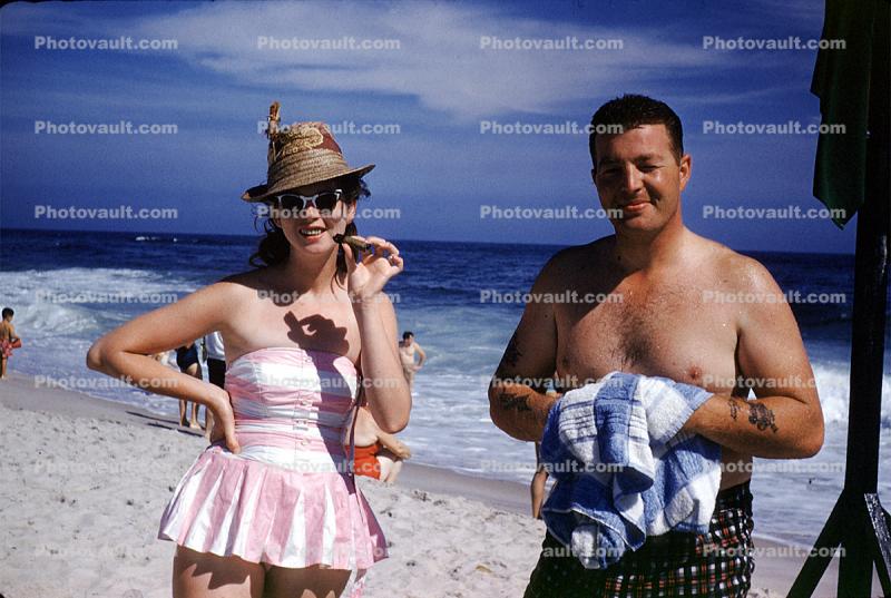 Long Island, Beach, Man, Woman, Male, Female, Atlantic Ocean, 1950s