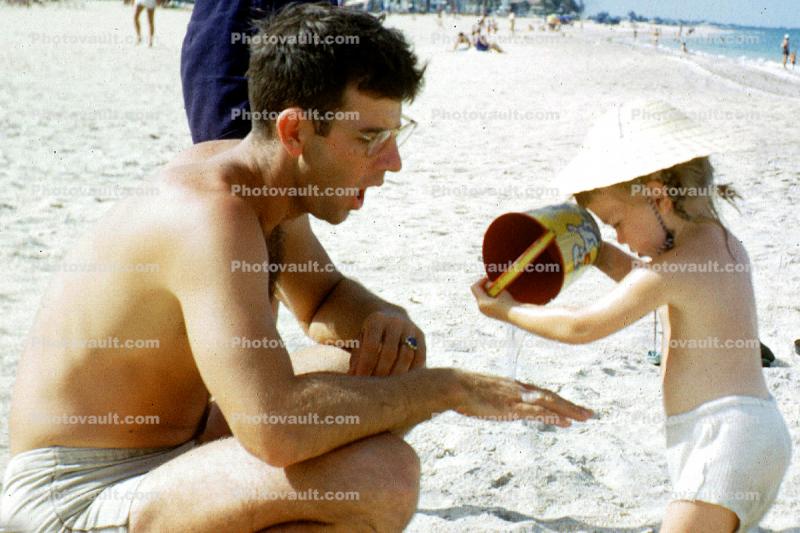 Father, Daughter, Beach, May 1951, 1950s