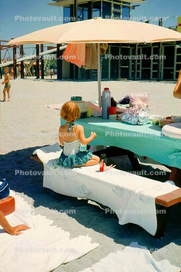 Beach, Sand, Picnic Table, Parasol, Sun, Girl, Food