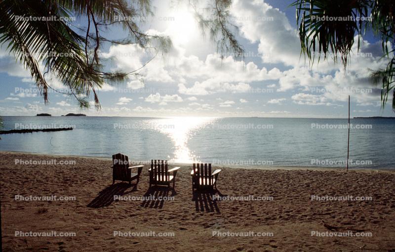 Empty Chairs, bucolic, beach, sand sun, ocean, water, palm trees, peaceful, Aitutaki, Cook Islands, peaceful