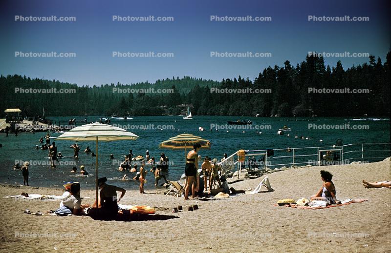 beach, sand, water, freshwater, umbrella, parasol, vintage, Lake Arrowhead, 1950s