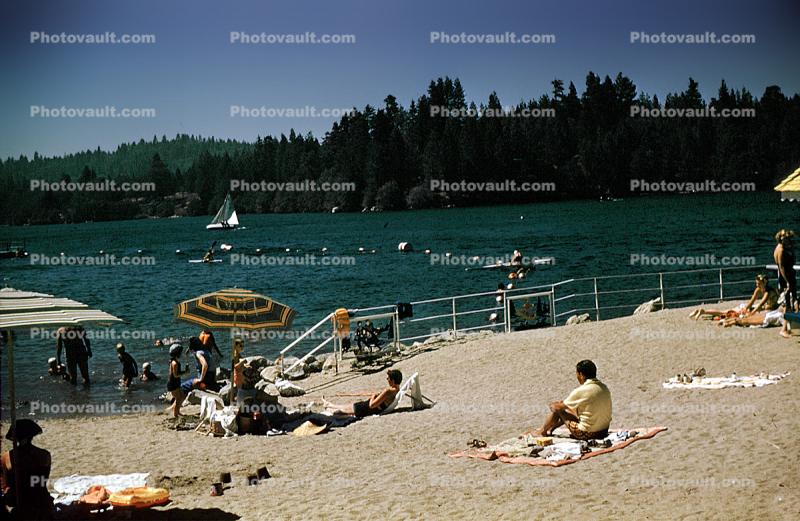beach, sand, water, freshwater, umbrella, parasol, Lake Arrowhead, 1950s