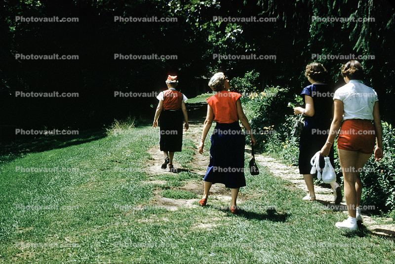 Women, walking, shorts, dress, pathway, walkway, gardens, 1954, 1950s