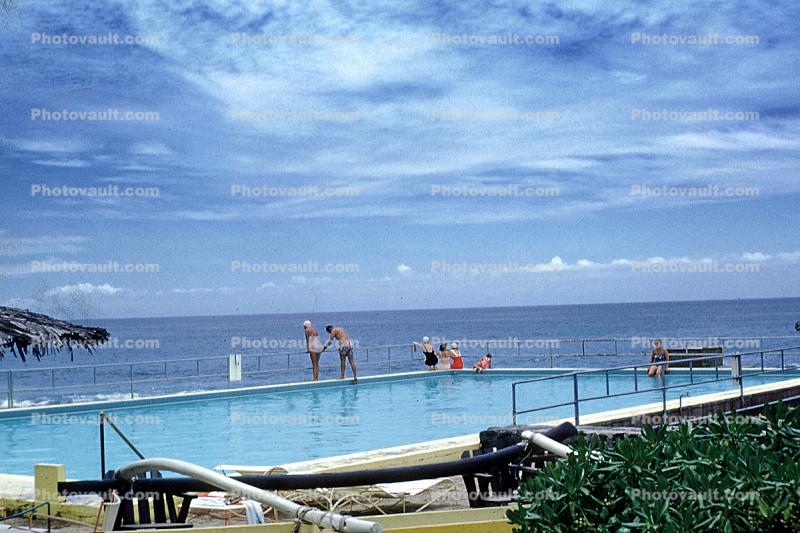 Swimming Pool, Ocean, clouds, sky, swimsuit, Kona Inn, Hawaii, 1960s