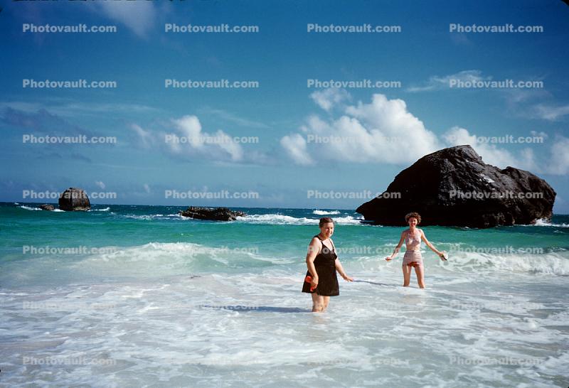 Women, Ocean, Waves, swimsuits, bikini, Rock Islands, Horseshoe Beach, Hamilton, Bermuda, 1950s