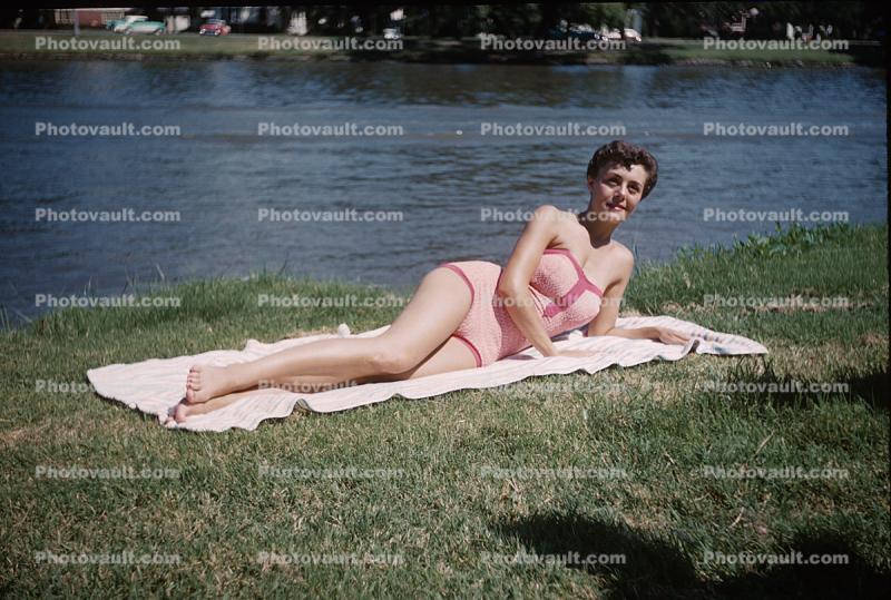 woman, swimsuit, lake, beachtowel, 1958, 1950s