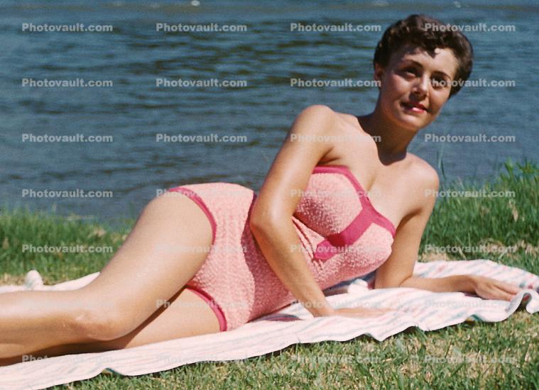 Woman, aio, beach, lawn, beachwear, 1958, 1950s