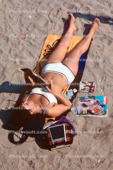 Woman, Reading, Beach, Sunny, Summertime, Bikini, Sand, Sandy, 1967, 1960s