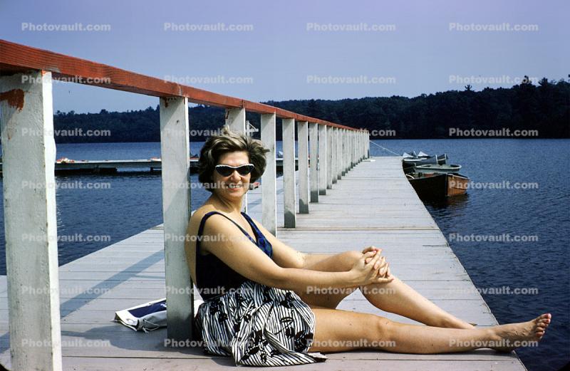 Pier, dock, woman, boats, lake, 1961, 1960s
