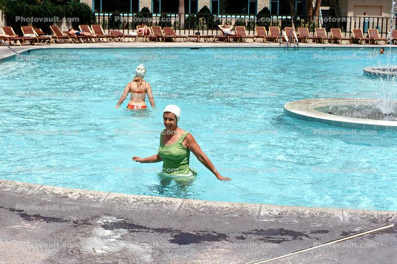 Pool, Poolside, Woman, Swimsuit, Bathing Cap, Summer, 1960s