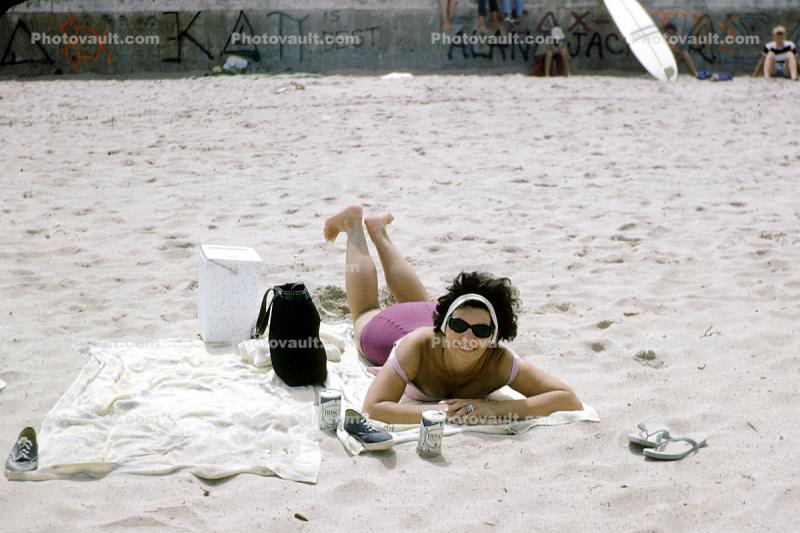 Woman, Beach, Towel, Sand, 1960s
