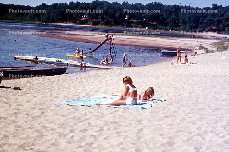 Beach, Sand, Lake, Water slide, Big Star Lake, Michigan, 1964, 1960s