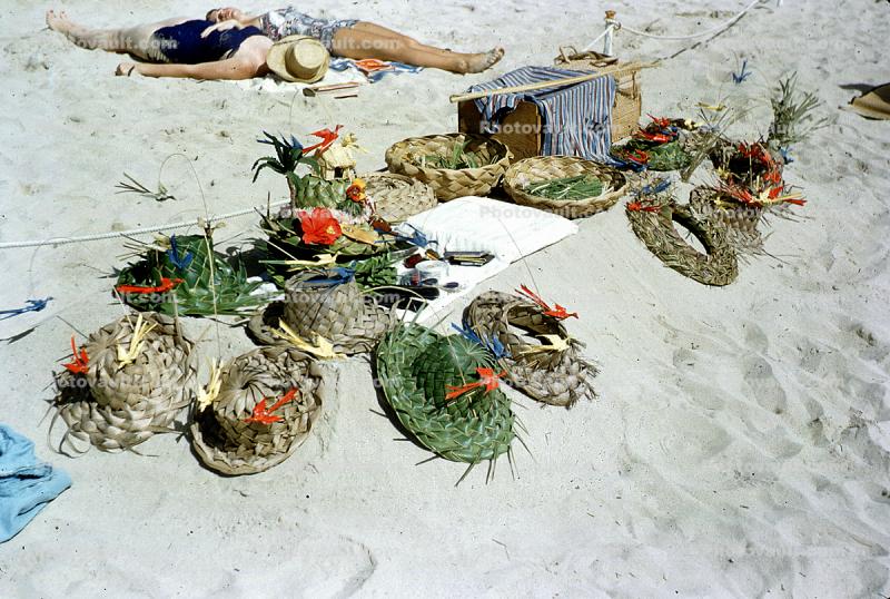 Coconut Fronds Straw Hats, Sand, Waikiki Beach, 1956, 1950s