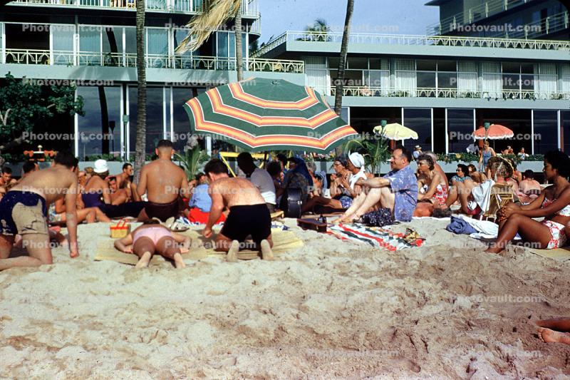 Waikiki Beach, Parasol, umbrella, crouds, 1955, 1950s