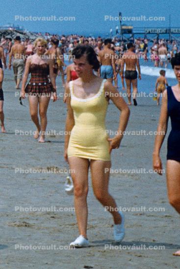 Crowds, Girl, Beach, Sand, Ocean, Buckroe Beach, Hampton, Virginia, 1960s