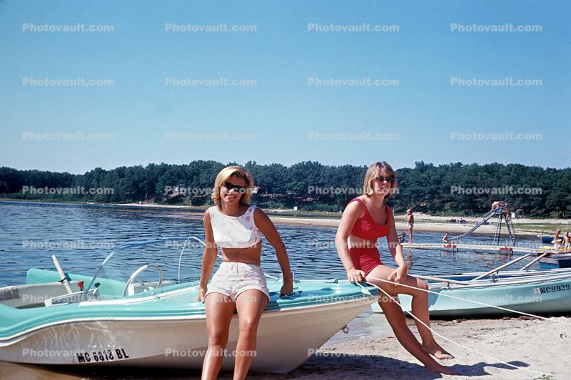 Beach, Sand, Lake, Cute, Babs and Sue, Michigan, 1964, 1960s