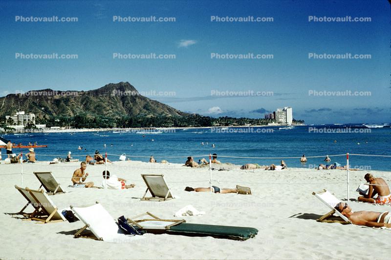 Sand, Pacific Ocean, Waikiki Beach, Honolulu, 1963, 1960s