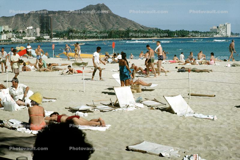 Sand, Pacific Ocean, Waikiki Beach, Honolulu, 1964, 1960s