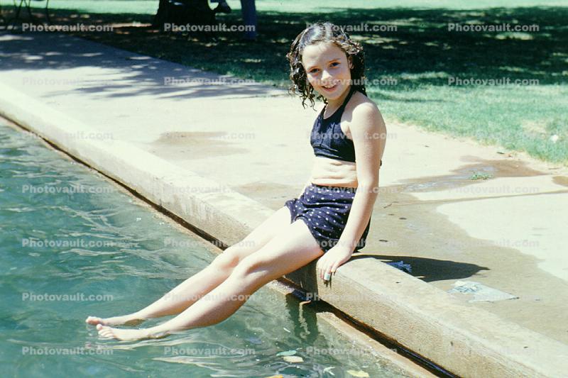 getting feet wet, Poolside, Smiling Girl, Sunburn, Suntan, Summer, Sunny, 1949, 1940s