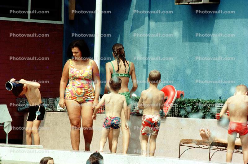 Woman, Boys, poolside, swimsuit, bathingsuit, trunks