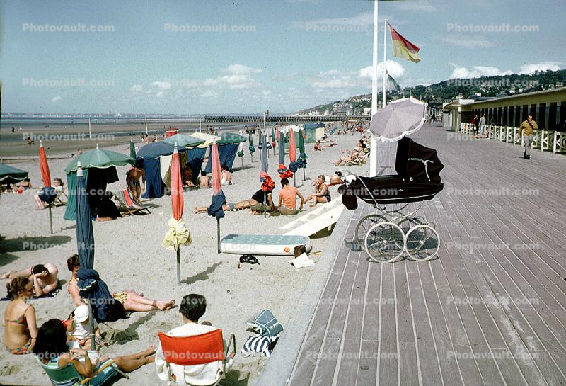 Beach, Sand, Ocean, baby carriage, boardwalk, sun, Deauville, 1967, 1960s