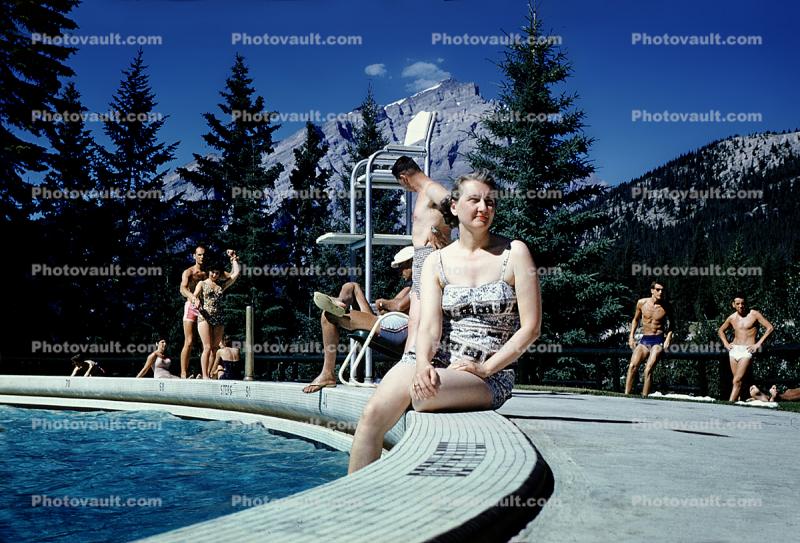 Swimming pool, Glacier National Park, Montana, mountains, poolside, pool, 1959, 1950s