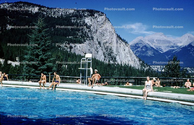 Swimming pool, Glacier National Park, Montana, mountains, poolside, pool, 1959, 1950s