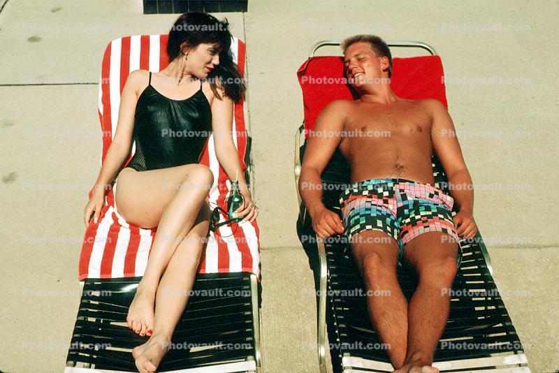 Woman, Man, Legs, Barefoot, Chest, Trunks, Beach, Sun Worshipper, 1970s