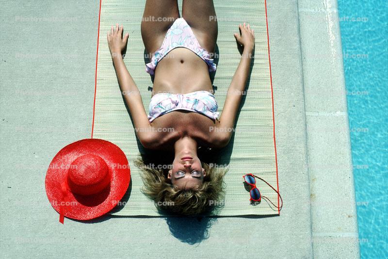 Woman, Poolside, Sun Worshipper, Tanning, Hat, 1970s