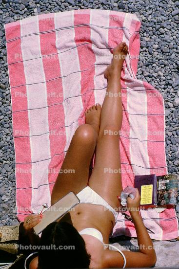 Beach, Woman, Relaxation, Bikini, Tanning, Suntan, Sunburn, Sun Worshippers, Nice, France, 1960s