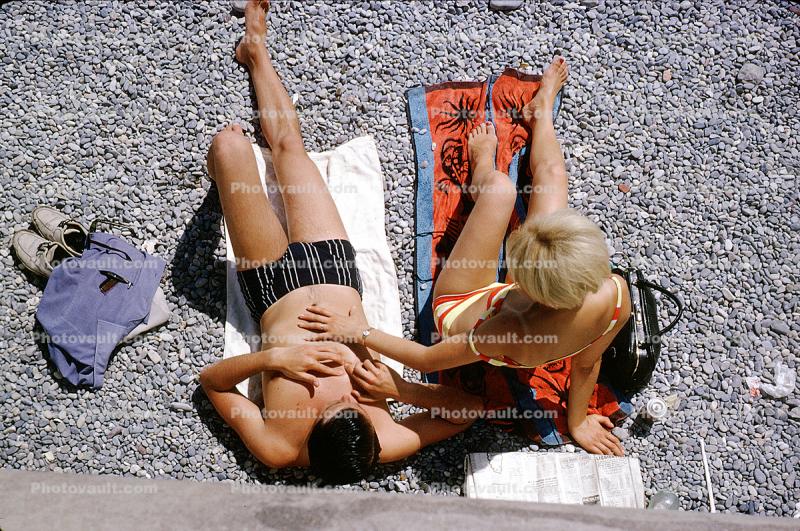 Sunburn, Sun Worshippers, Woman, Man, Trunks, Bikini, Beach, Tanning, Suntan, Nice, France, 1960s