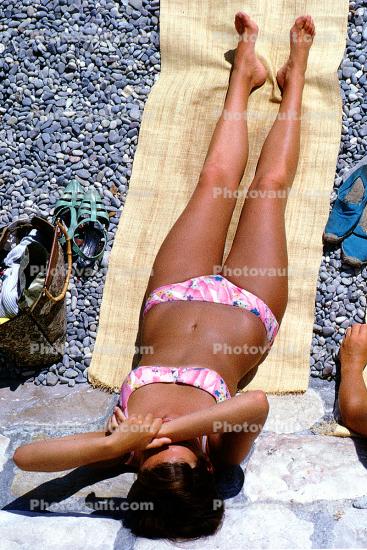 Woman, Bikini, Beach, Tanning, Suntan, Sunburn, Sun Worshippers, Nice, France, 1960s