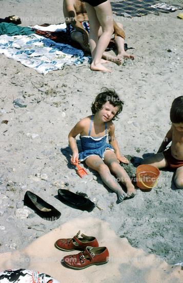 Pail, Shoes, Girl, Boy, Beach, Sand, Long Island, New York, 1940s