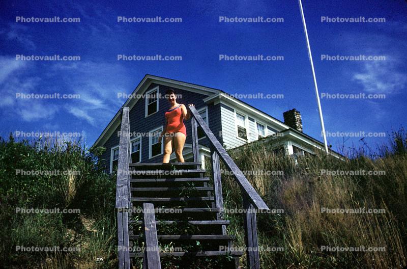 Home, Woman, Steps, Stairs, House, Grasslands, Barbados, 1950s