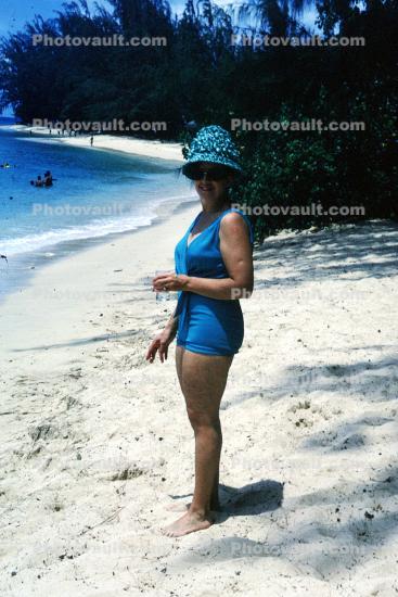 Woman, Beach, Barefoot, Barefeet, Swimsuit, Hat, 1950s