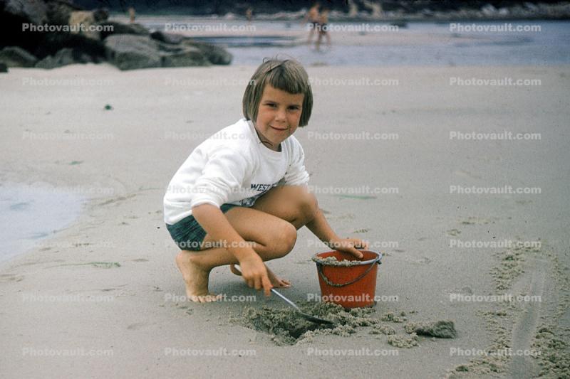 Girl, Beach, Sand, Pail, Cape Cod, Massachusetts, 1950s