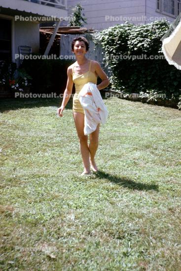 Lady, Backyard, Swimsuit, Lawn, 1950s