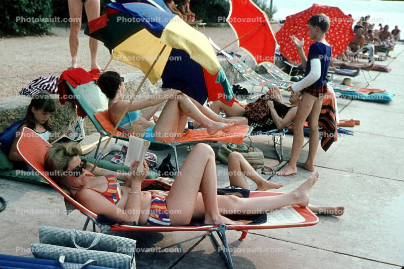 Women by the Poolside, lounge chairs, umbrellas, 1960s