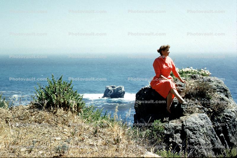 female, woman, women, sitting, dress, Lady, retro, rock, shoreline, coast, coastal, 1950s